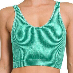 Washed Ribbed Cropped Seamless Bra Padded Tank Top Brami - Kelly Green